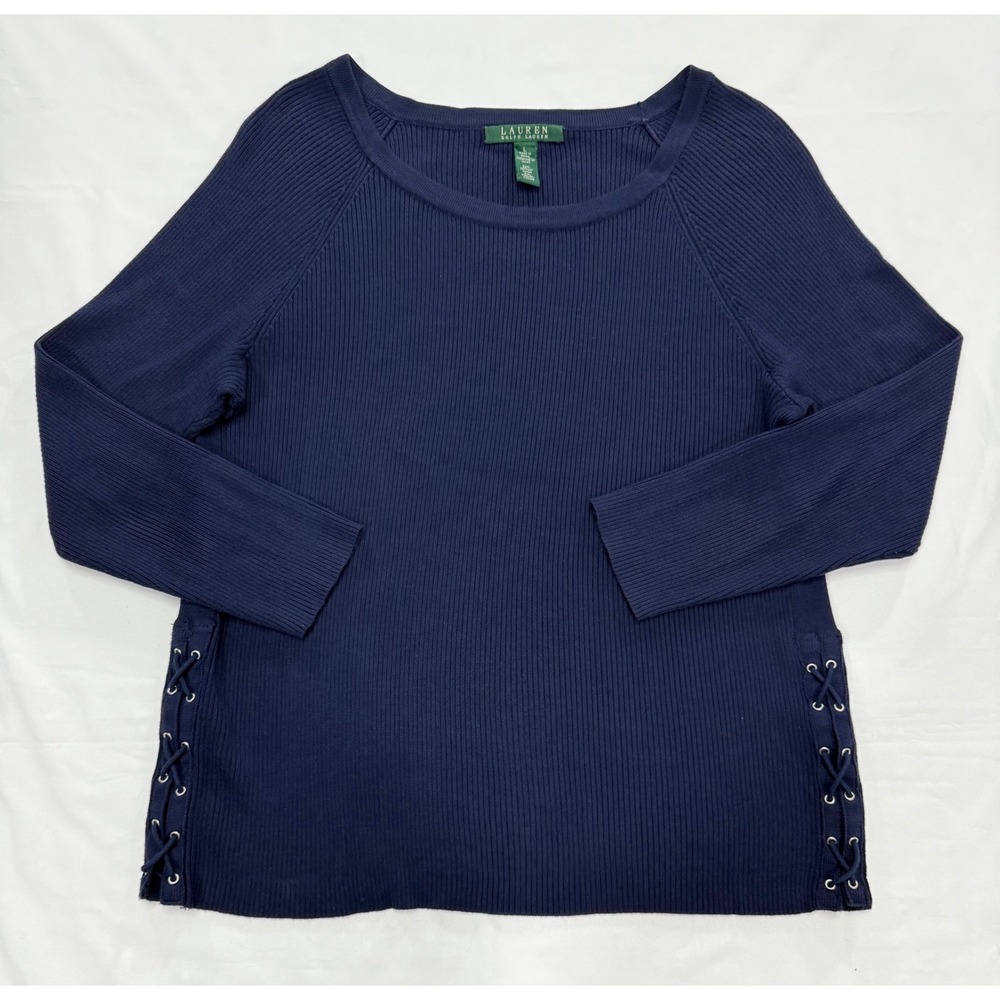 Lauren Ralph Lauren Navy Blue Ribbed Lace Up Side Sweater Large
